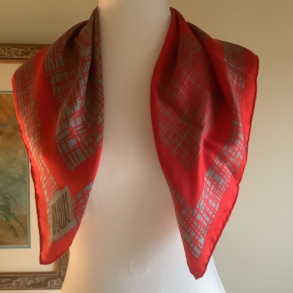 Bill Blass Vibrant Red and Gray Square Scarf